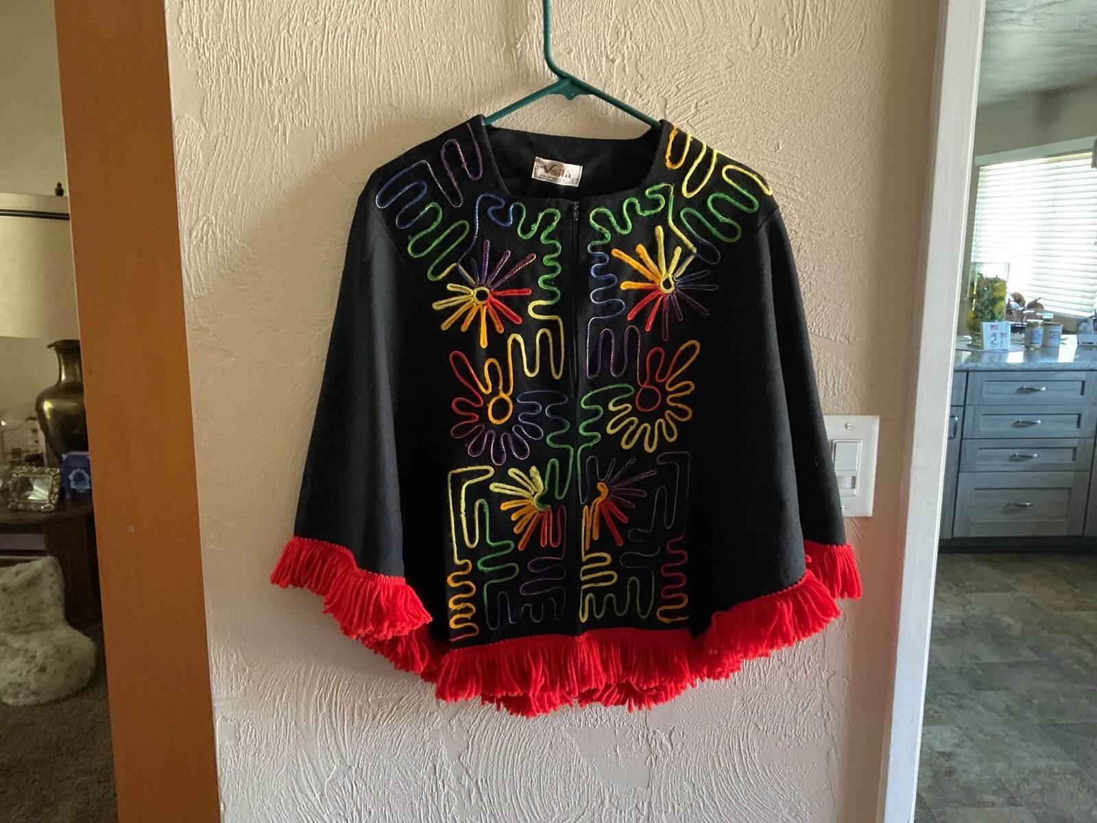 Vintage 1950s Poncho Shawl Wool One Size Multi Color Embroidery Fringed Voila CA