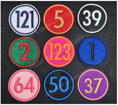 Personalised Number name Embroidered Patch, Badge Standard Round Iron on sew on