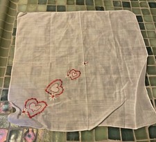 Vintage Handkerchief Embroidered Red Hearts Cotton Voile 12"
