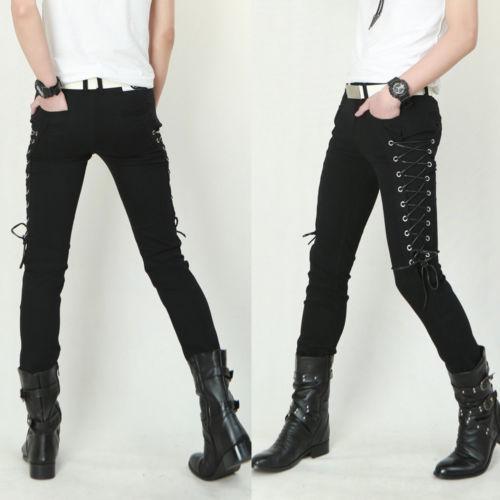 Mens Skinny Slim Lace Up Stage Pants 