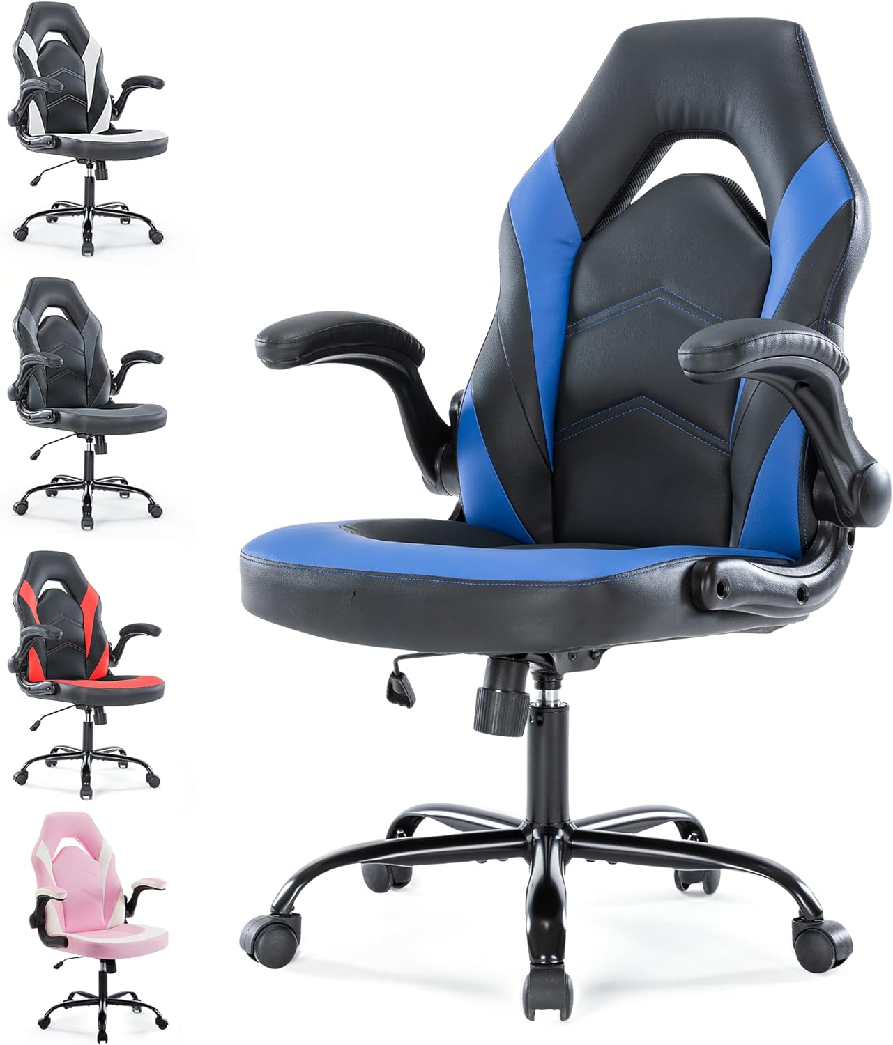 Ergonomic Gaming Desk Chair - Adjustable PU Leather Swivel Racing Chair with Fli