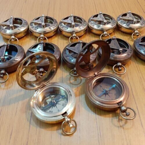 Image of Lot Of 50 Pcs Brass Antique Nautical Push Button Sundial Compass Collectible
