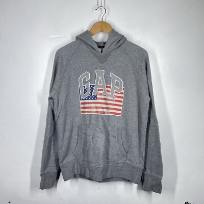 GAP Hoodie Herren L grau USA Flagge Big Spell Out Arch Logo Pullover Vintage Y2K