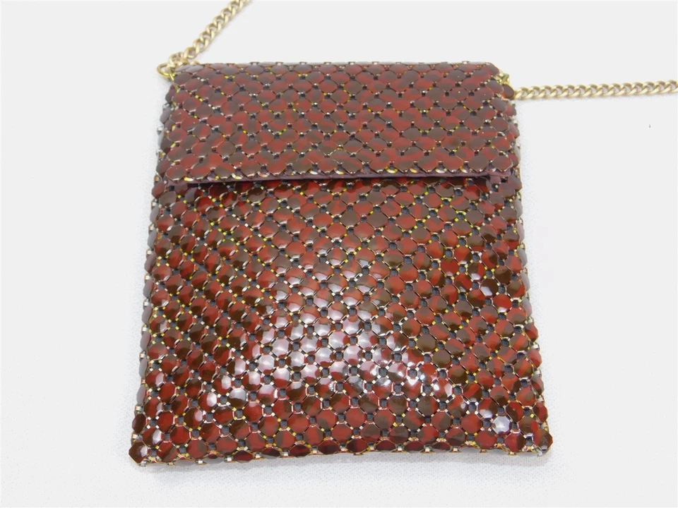 Vtg Whiting & Davis Red Brown Print Mesh MOD Purse Evening Bag with Gold Strap - Image 3 of 4