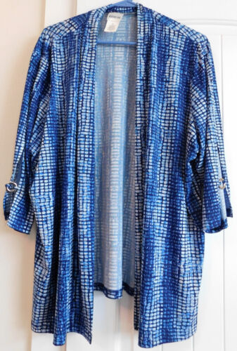 Bedford Fair BLUE WHITE animal print OPEN STRETCH 3/4 sleeve Blazer Jacket 2X