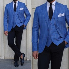 Men Blue Plaid Suit Check Jacket Classy Casual Relaxed Style Peak Lapel Custom
