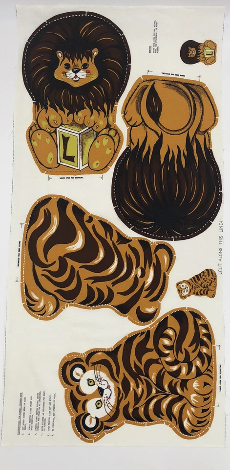 Rare! Vintage Lion Tiger Cut N Sew Craft Fabric Panel Jungle Zoo Toy Doll Pillow - Image 2 of 4