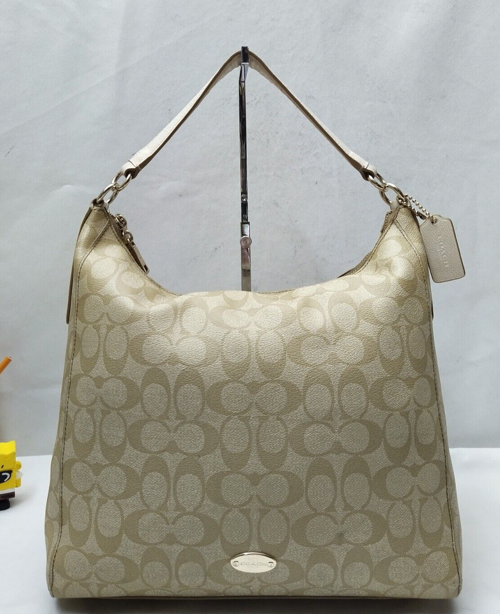 Coach Signature Light Brown Coated Canvas White Leather Hobo