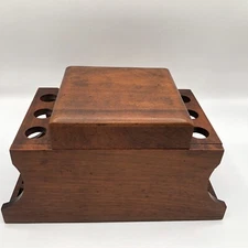 Vintage Wood Pipe Tobacco Humidor And Stand For 6 Smoking Pipes Rectangular