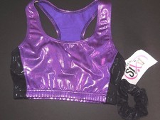 NWT Ladies Small Gymnastics Foil Crop Top Purple w/ black sidestripe scrunchie