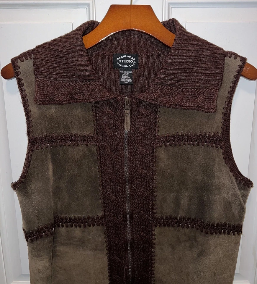 Diseñadores Originales Mujeres Tejido Ramie Cuero Genuino Cremallera Marrón Suéter Chaleco L Foto 2 de 4