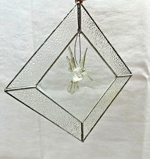 Handcrafted Stained Glass Sun Catcher Diamond Frame with Clear Glass Hummingbird