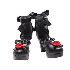 NIJISANJI Vtuber Black Ankle High Heels W/Bow Red Flowers cos prop Shoes
