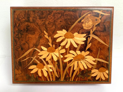 Signierte David Owen Blumen/Schmetterling Intarsien Holz Schmuck/Schmuckkästchen
