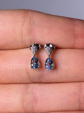 Solid 14K White Gold Stud Earrings Blue Topaz Natural Diamonds
