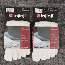 2 Pair INJINJI Toe Socks Mini-Crew Small (M 5-7.5) (W 6-8.5) White Performance