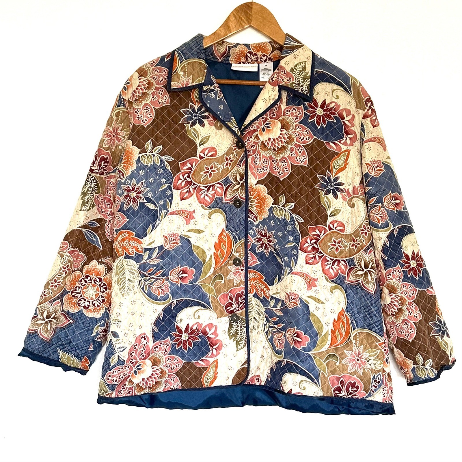 Alfred Dunner Womens Size 16 Floral Silk Quilted Button Down Jacket Cottagecore Style