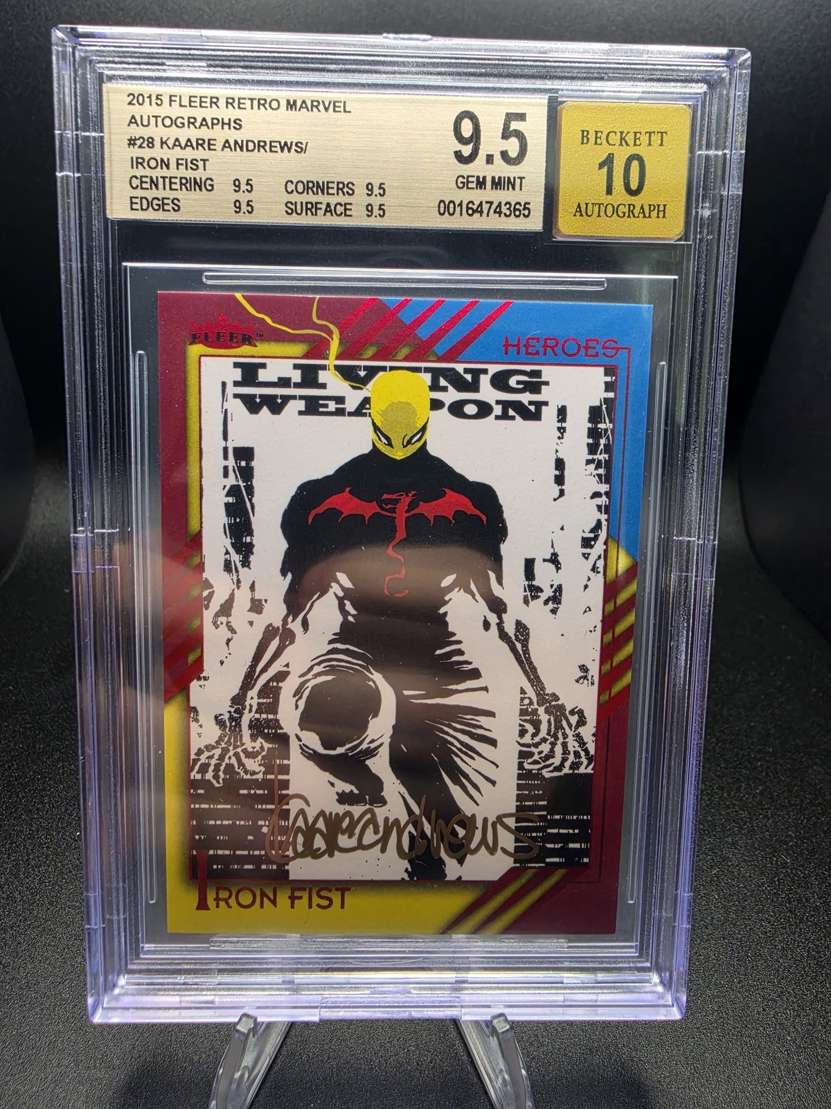 2015 Fleer Retro Marvel Kaare Andrews Iron Fist Gold BGS 9.5 GMT On-Card Auto 10
