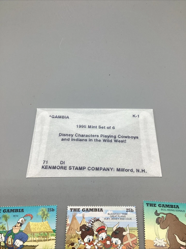 JUEGO DE 6 ESTAMPILLAS DE VAQUEROS E INDIOS DE GAMBIA DISNEY 1995 MNH GOOFY MICKEY MINNIE Foto 4 de 4