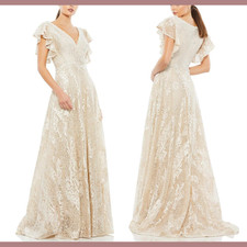 NWT Mac Duggal [ 18 ] 20310 Embroidered Flutter Sleeve V-Neck Gown Ivory #S738