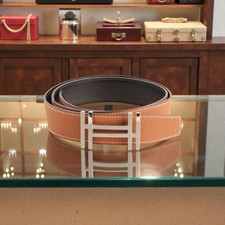 Auth HERMES Au Carre Reversible Black / Brown Leather Belt Silver H Buckle 95 IT