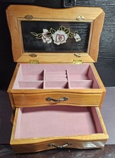 Vintage Wooden Jewelry Box Floral Stained Glass Rose Brass Handles Design