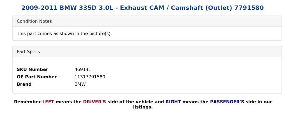 BMW 335D 2009-2011 3,0 L - cámara de escape / árbol de levas (salida) 7791580 Foto 4 de 4