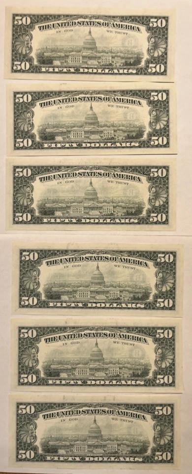 Lot 6 $50 1993 Consecutive Serial# CU Note Run 23055082-23055087 Grant $300 Face - Image 2 of 4