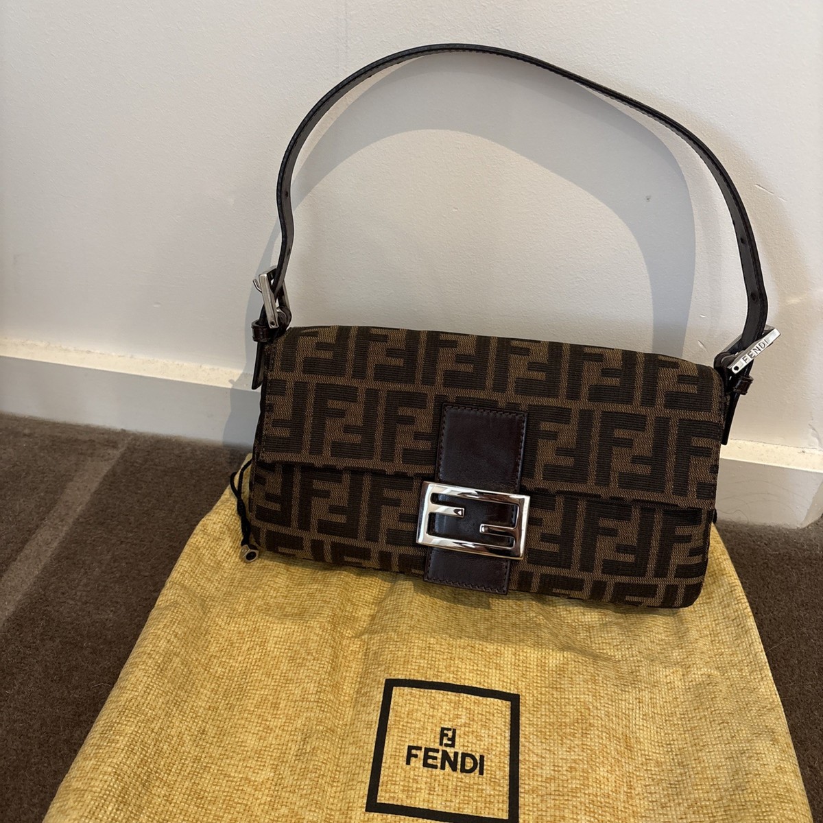 Authentic Fendi Zucca Medium Baguette Bag Brown FF Monogram Canvas