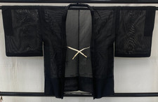 Japanese Vintage Kimono Haori Jacket Polyester Black Traditional Seethrough 29in