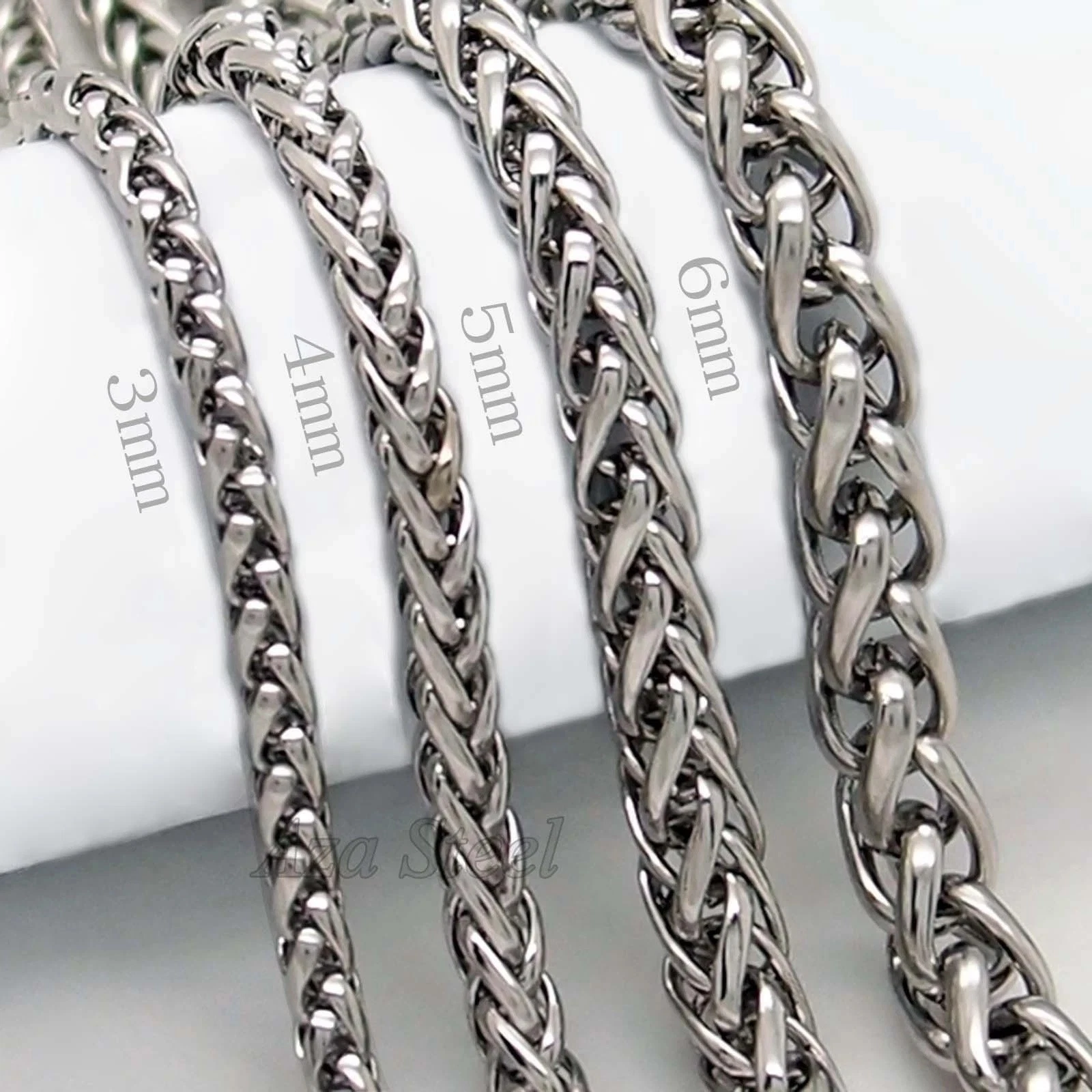 3/4/5/6MM 18-36" MENS Silver Stainless Steel Wheat Braided Chain Necklace Link - product detail image 1