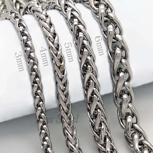 3/4/5/6MM 18-36"  MENS Silver Stainless Steel Wheat Braided Chain Necklace Link video thumbnail