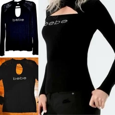 Bebe Black rhinestones Bling Lace Shoulder Cut Out Ribbed Long Sleeve Choker Top