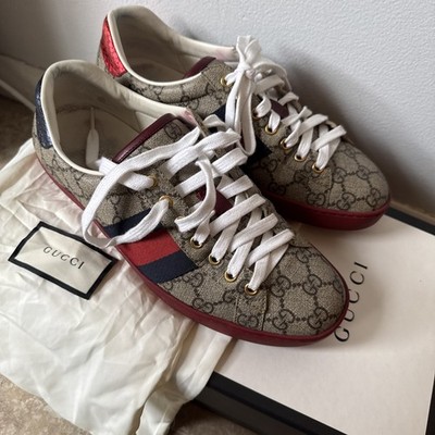 Gucci Ace GG Monogram Web Supreme Beige Red Men Leather Sneakers - Size 7.5