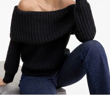 Women's Black Ribbed Knit Off Shoulder Boat Neck Long Sleeve Pullover Sweater M