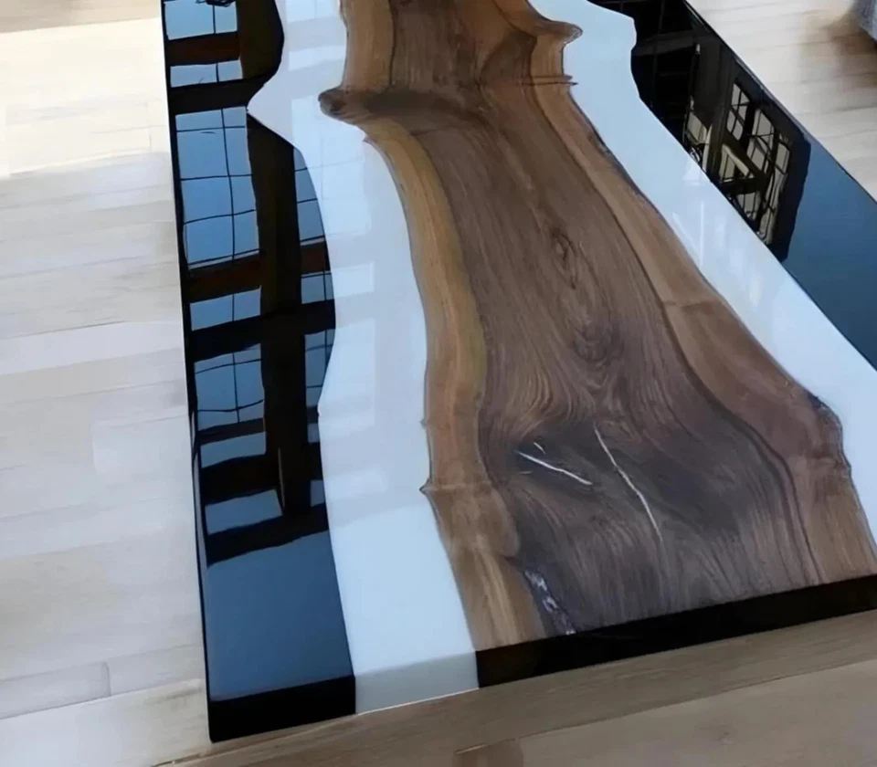 60"x30" Epoxy River Table Black White Live Edge Acacia Wood Resin Dining Desk - Image 3 of 4