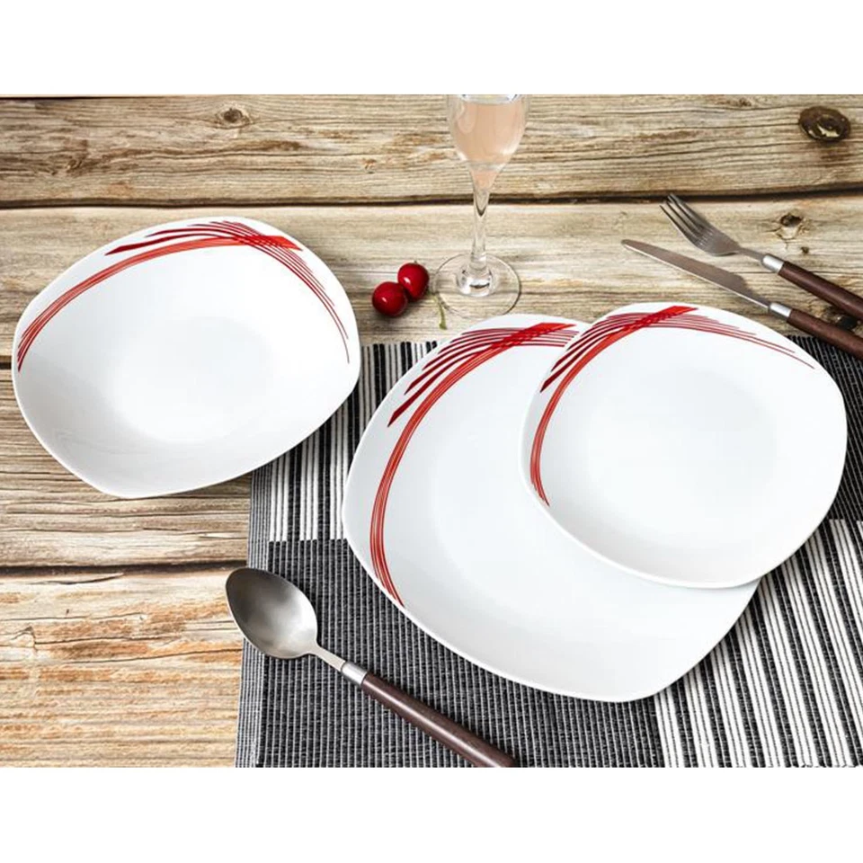 12-pc Dinner Set White Soup Dessert Plates Red Lines Semi Square Four Servings - Image 2 of 4