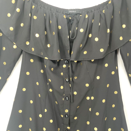 Forever 21 Black Gold Polka Dot Off-the-shoulder Dress Size M Ruffled Buttons - Picture 2 of 9