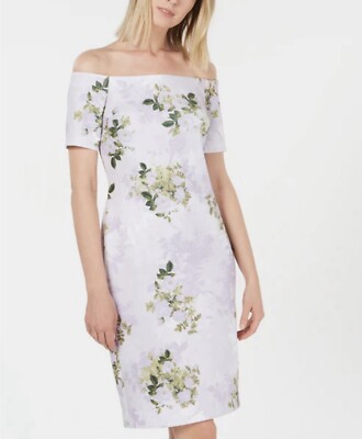 Calvin Klein Purple Floral Sheath Off Shoulder Dress Size 14 NWT