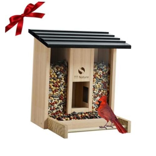 Bird Feeder, 3.2L Large Wood Bird Feeder for Ourdoors, Waterproof Birdhouse