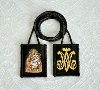 Our Lady of Mt. Carmel Ave Maria Brown Wool Scapular Brown Cord, Record & Prayer