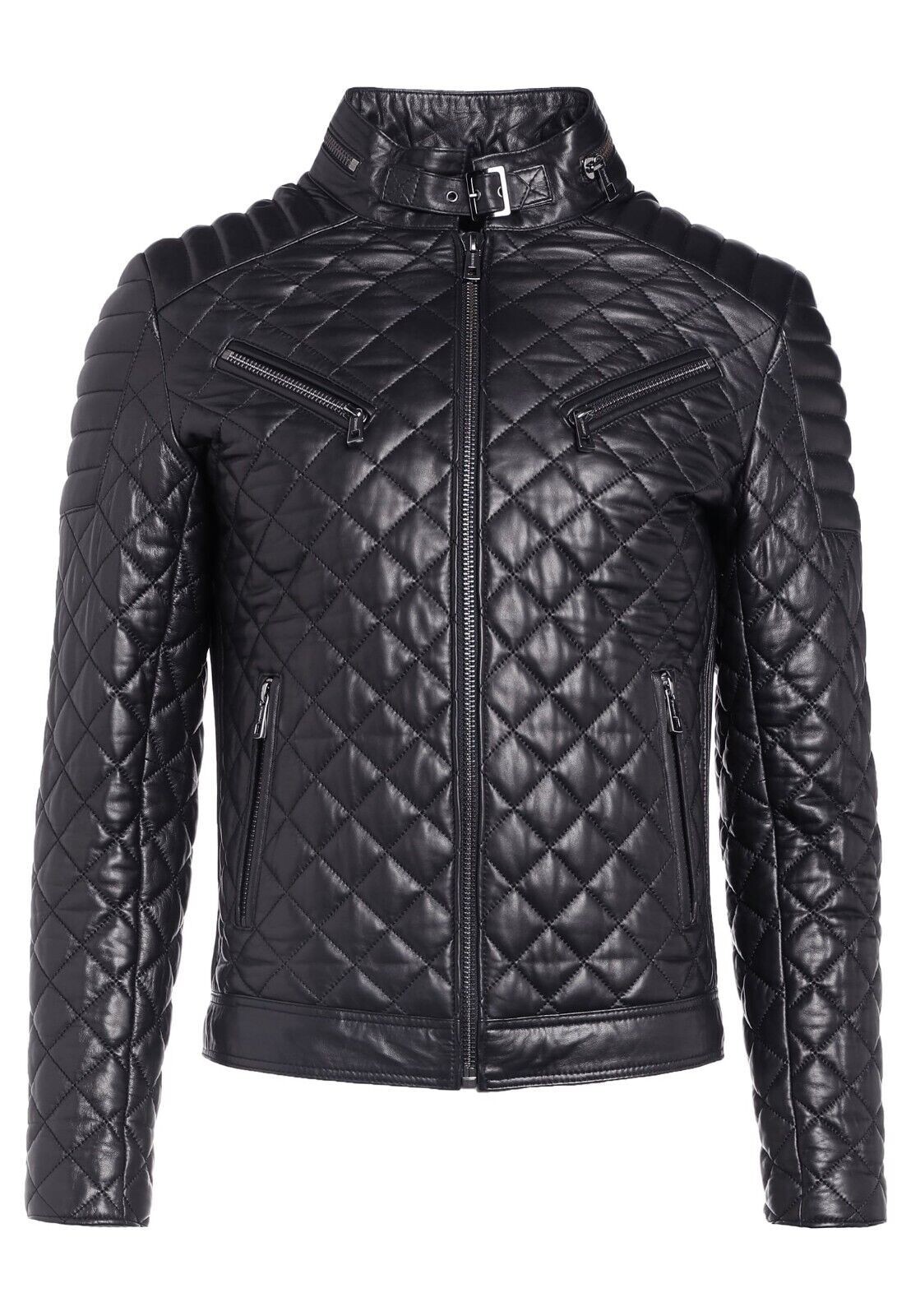 Black Quilted Lambskin Leather Biker Jacket for Men  