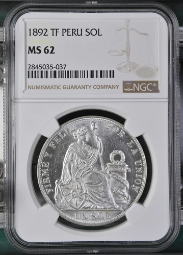 PERU 1 SOL SILVER CROWN 1892 TF NGC MS 62 KM #196.24