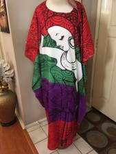 African Beauty Red w/Multi-Color Kaftan Dress w/Red Head Scarf/Wrap. Free Size.