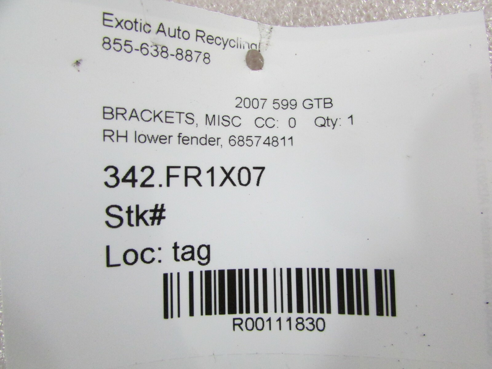 Ferrari 599 GTB, RH, Right Lower Fender Bracket, Used, P/N 68574811