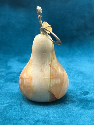 Pair of Calcite CARVED PEARS Metal Stem and Leaves 4" Tall with Stem - Picture 5 of 11