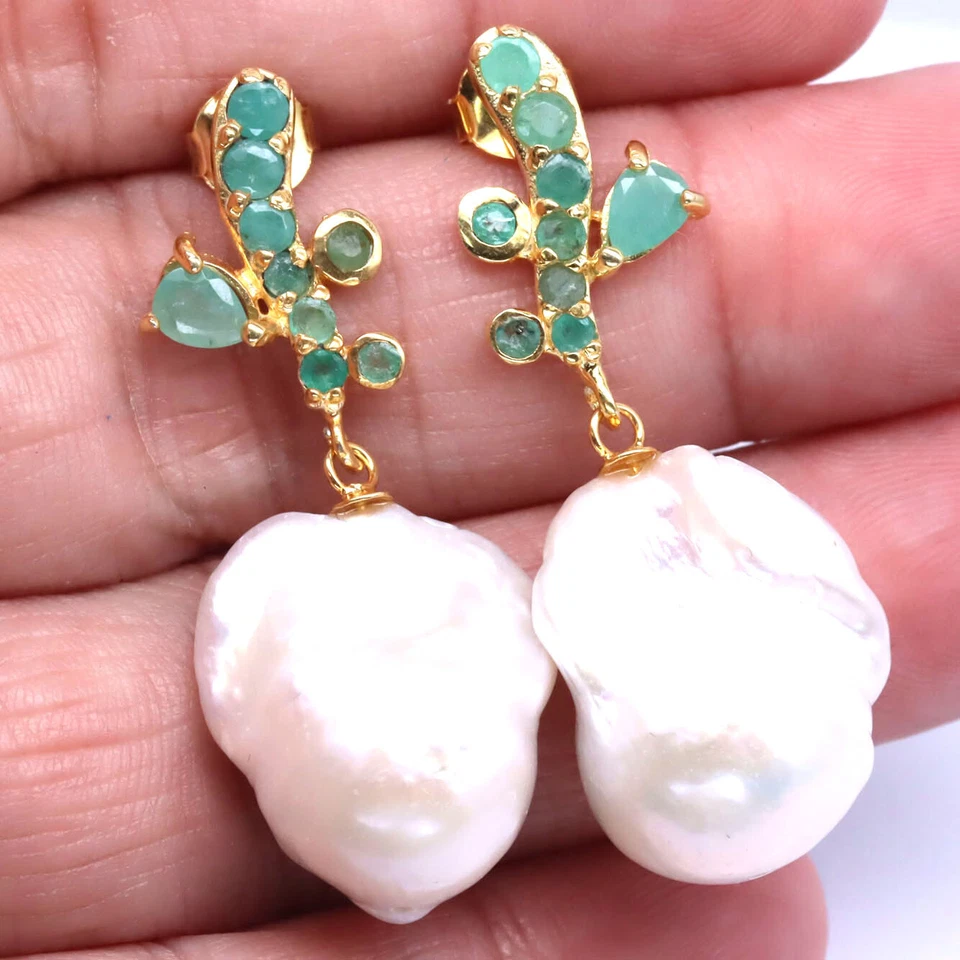 925 Sterlingsilber Weiß Barock Perle & Grün Smaragd Ohrringe 18K Vergoldet - Bild 2 von 4