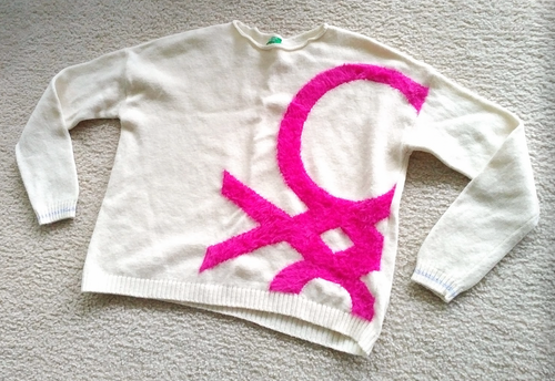 Benetton Pullover Hot Pink Logo Creme Elfenbein Rundhals Langarm Kinder XL Damen S - Bild 2 von 17