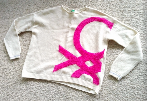 Benetton sweater hot pink logo cream ivory crewneck long sleeve kids XL womens S - Picture 1 of 17