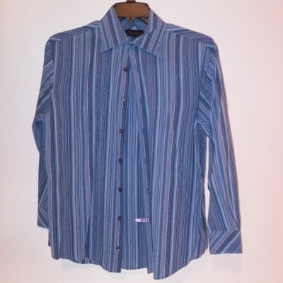 Perry Ellis Portfolio Mens Button Down Shirt 15.5 32 33 Blue Stripe